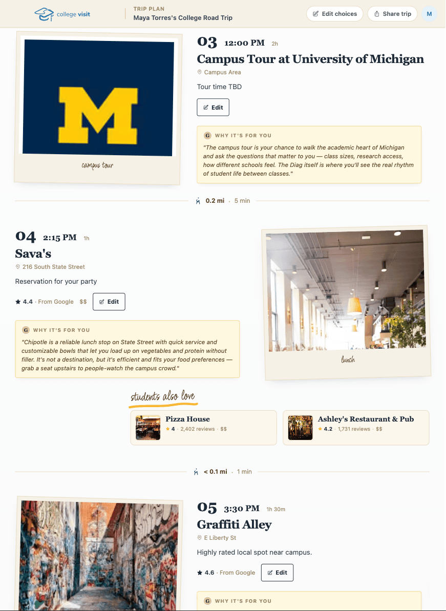 Personalized University of Michigan itinerary with a campus tour and reasons each stop fits the student