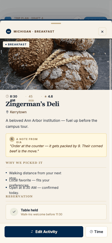Mobile itinerary detail for Zingerman's Deli with Gia's personalized recommendation