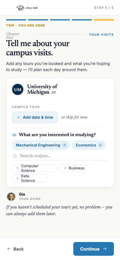 Mobile trip setup with a campus tour and intended majors for the University of Michigan